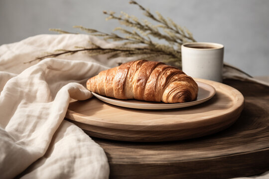 Rustic Morning Breakfast Coffee, Patries Croissant, Table Backdrop Background Neutral Minimalist Simple Minimal Color, Beige, Tan, White