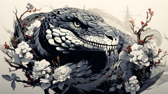 Black and white Dragon in Chinese art style silhouette - Generated by AI