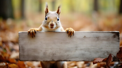 Squirrel holding blank board for text, copy space, concept of animal-friendly products, squirrel protection, animals and forest protection, animals rights and eco-friendly consumer behavior