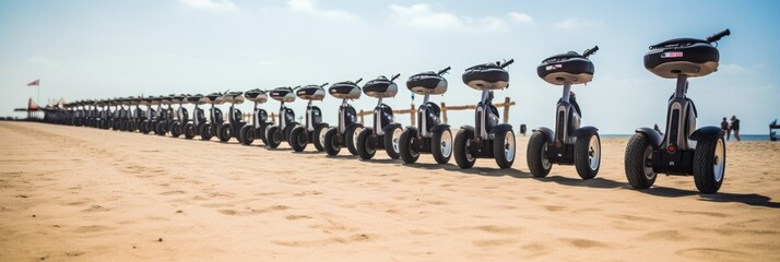 Segways Lined Up at Sandy Start with Obstacle Course in Background