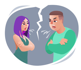A man and a woman married couple are quarreling and shouting at each other. Concept of conflicts in relationships of young couples. Vector flat illustration.
