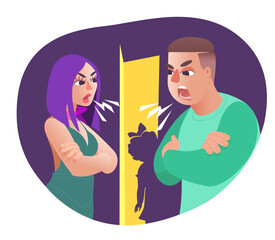 Conflict between parents in the presence of a child. The spouses shout at each other, the child hears and sees this. Difficulty in relationships concept flat vector illustration