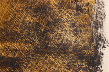 Fondo materico graffito di colore nero, marrone, oro; luce radente, spazio per testo