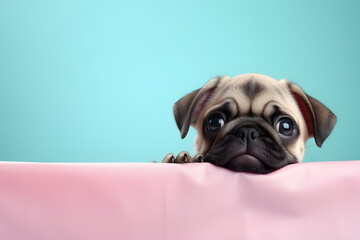 Pug dog peeking out from pink cloth with pastel blue background