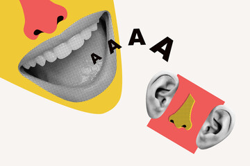 Composite collage picture of painted face talking mouth say tell communicate mini black white colors ears nose isolated on creative background