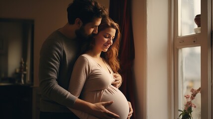 Young pregnant woman having romantic moments with her husband at home. a loving family - obrazy, fototapety, plakaty