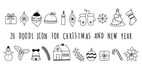 Fototapeta premium Hand drawn Christmas icons isolated on black background. Illustration in doodle style.