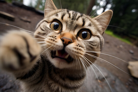 Funny tabby cat taking a selfie photo