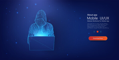 Mysterious Digital Hacker with Hoodie in Cyber Security Concept on Shining Starry Background. Cyber crime, hacker activity, ddos attack. Vector Illustration © ZinetroN