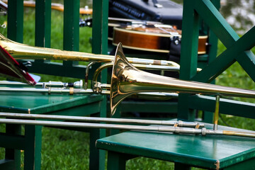 musical instruments on a chair, orchestra set 