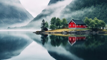 Red hut of Norwegian culture and architecture by the lake in Norway, lake house, amazing view of the lake - Powered by Adobe
