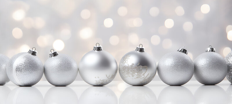 Christmas and New Year holidays background, Horizontal background, header, poster, card with copy space. Christmas silver bulbs