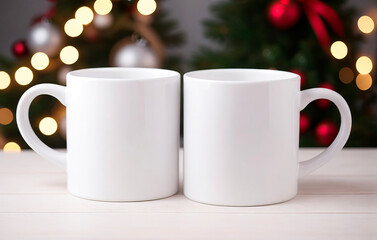 Obraz na płótnie Canvas Two mugs mockup. Pair of white cups template Christmas background. AI generative