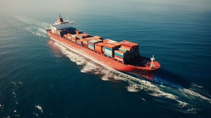 Aerial View of Container at Sea. A large container cargo ship travels in the calm, blue ocean