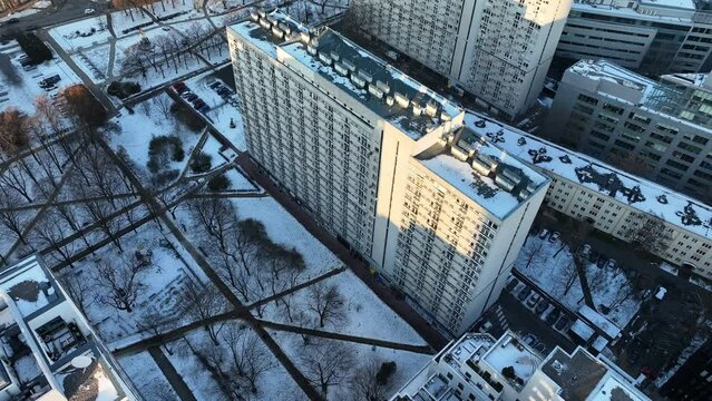 View of a large communist block full of apartments.