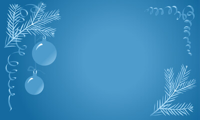 Monochrome blue illustration of Christmas background with decorated fir branches.
