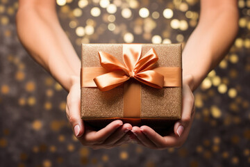 a woman hand holding a luxury gift box with bow against a christmas background, Woman holding beautiful gift box against blurred festive lights, closeup
