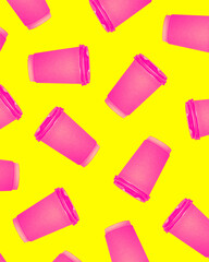 Carton coffee cup on yellow background with white text. Coffee to go, take away service. Contemporary art collage. Concept of popular drink, creativity, color, taste. Poster. Copy space for text, ad