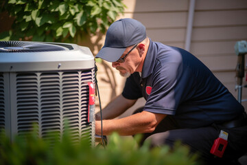 Technician checks the air conditioner system next to a home. HVAC condenser technical inspection. Generative AI