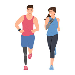 Man and woman with disability. People with leg, hand prosthesis.  Adaptive sports for people with disability.Flat vector illustration.