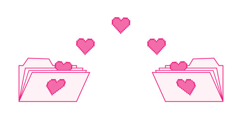 Pink data transfer or transfer icon. Document folders with hearts exchange data. Vector illustration