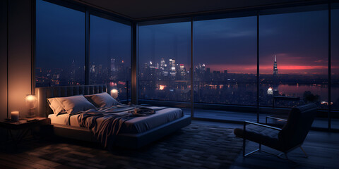 Experience the Magic of a Dark and Gloomy Penthouse Bedroom at Night Cityscape Dreams A Room with a View of the City from the Comfort of Your Bed AI Generative  