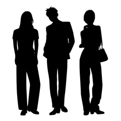 Vector silhouettes of  two women and a man, a group of standing   business people, profile, black  color isolated on white background