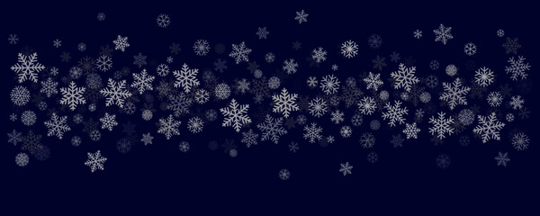 Fototapeta premium Christmas snowflakes background. Winter snow border blue decoration, greeting card. Noel subtle frame backdrop. Vector illustration