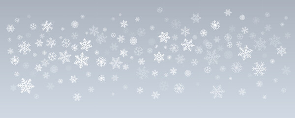 Christmas snowflakes background. Winter silver snow border decoration, greeting card. Noel subtle frame backdrop. Vector illustration