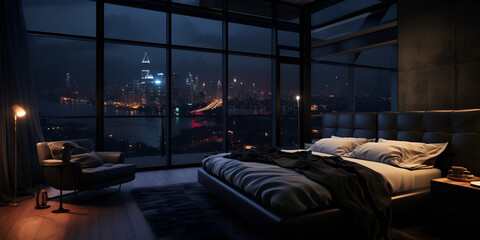 penthouse bedroom at night, dark gloomy, A room with a view of the city from the bed Gloomy and...