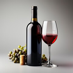 Fototapeta premium Red Wine bottle and glass on white background.