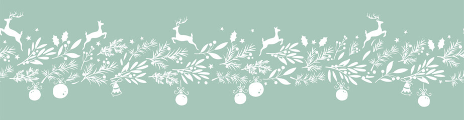 Beautiful winter greenery and deer seamless pattern - hand drawn and detailed, great for christmas textiles, banners, wrappers, wallpapers - vector surface design - obrazy, fototapety, plakaty