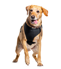 Old labrador retriever wearing an harness, isolated on white