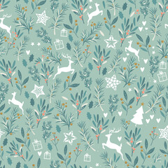 Cotton fabric Beautiful winter greenery and deer seamless pattern - hand drawn and detailed, great for christmas textiles, banners, wrappers, wallpapers - vector surface design