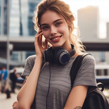 photo waist up portrait of beautiful brunette female wears headphones 