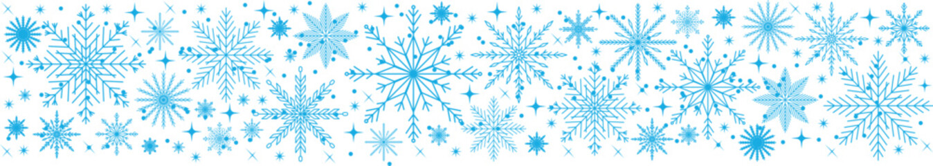 snowflake border, Christmas design for greeting card. Vector illustration, merry xmas snow flake header or banner, wallpaper or backdrop decor