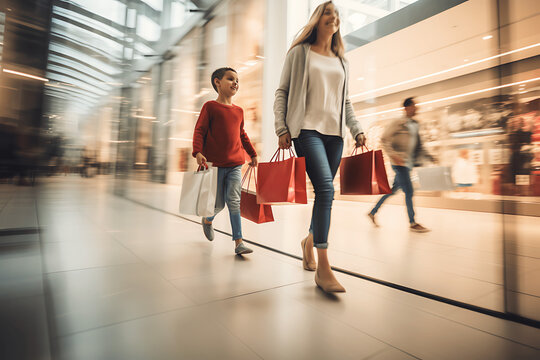 Personas de compras en un centro comercial con bolsas.