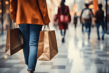Personas de compras en un centro comercial con bolsas. - obrazy, fototapety, plakaty