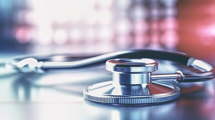Stethoscope lying on the desk. Health care themes. Image generated by AI.