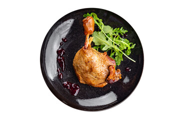 duck leg confit berry sauce poultry meat second course delicious eating cooking appetizer meal food snack on the table copy space food background rustic top view