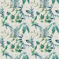 Vintage tropical leaves pattern watercolor, Floral seamless pattern. Hand drawn painted plant