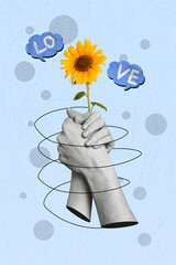 Vertical collage image of two black white effect arms hold handshake sunflower love dialogue bubble...