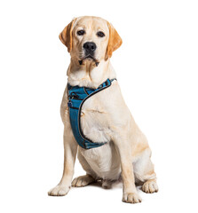 Labrador Retriever wearing with harness, isolated on white