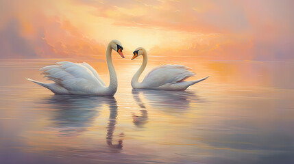 Fototapeta premium Elegant swans gliding serenely on a mirror-like lake reflecting pastel clouds above Ai Generative