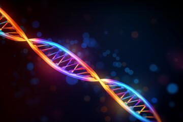 DNA Molecule Structure, Glowing Neon Colours on Dark Blue Background, Abstract Medical Science  Colored Genetic Code Background and Backdrop.