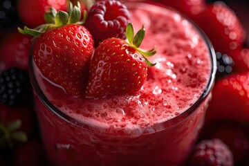 Close-up, macro shot of a refreshing frozen strawberry smoothie