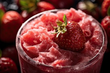 Close-up, macro shot of a refreshing frozen strawberry smoothie