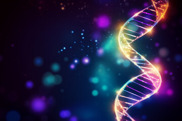 DNA Molecule Structure, Glowing Neon Colours on Dark Blue Background, Abstract Medical Science  Colored Genetic Code Background and Backdrop.