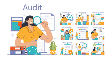 Audit set. Professionals evaluating financial records. Internal and external assessment, compliance checks. Forensic scrutiny, risk analysis. Financial statement reviews. Flat vector illustration
