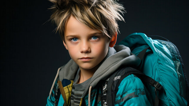 Happy schoolboy with backpack on dark background. Primary school